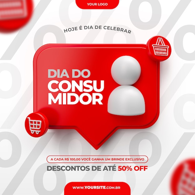 PSD banner 3d dzień konsumenta render w języku portugalskim dla kampanii marketingowej w brazylii ofert