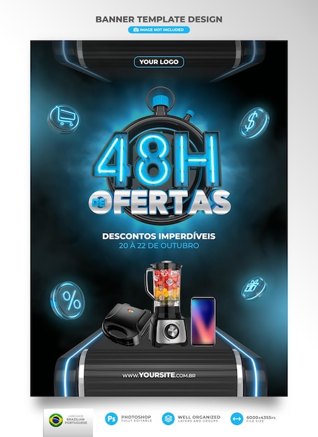 Banner 48 hours of offers in brazil render 3d template in portuguese for marketing