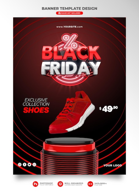 PSD banner black friday 3d-realistische weergave voor promotiecampagnes en speciale aanbiedingen