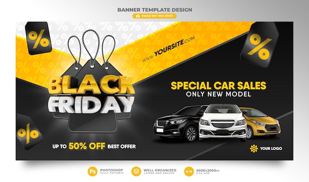 PSD banner for black friday in 3d render for design composition with 50 off offer