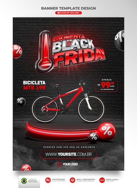 PSD banner black friday 3d render for marketing campaigns in brazil in portuguese