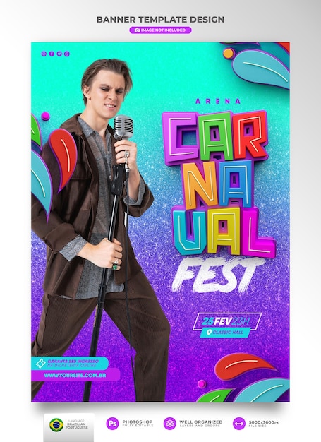 PSD banner carnival fest in portuguese no brazil in 3d render realistic template design event show