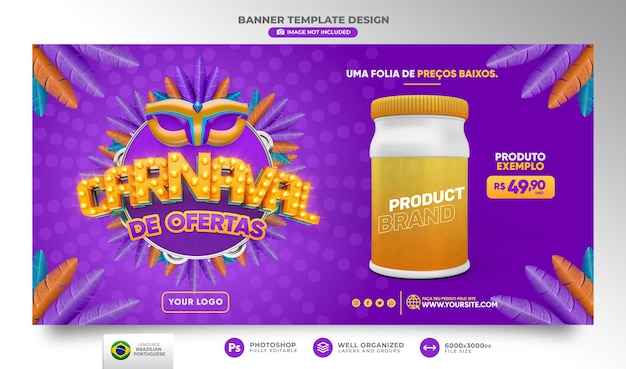 PSD banner per il carnevale delle offerte in brasile in 3d per la campagna di marketing in portoghese