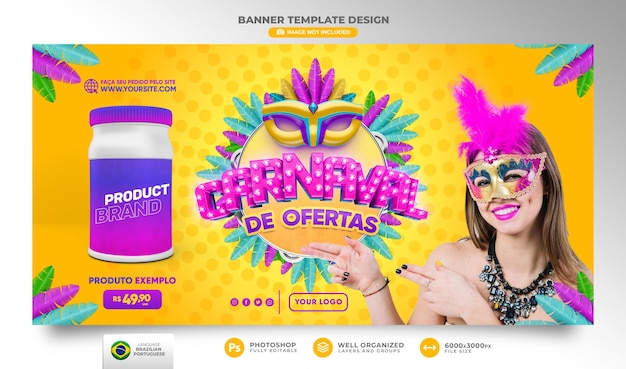 PSD banner per il carnevale delle offerte in brasile in 3d per la campagna di marketing in portoghese