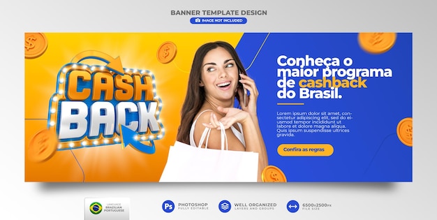 Banner cashback in 3d render for brazil marketing campaign in portuguese