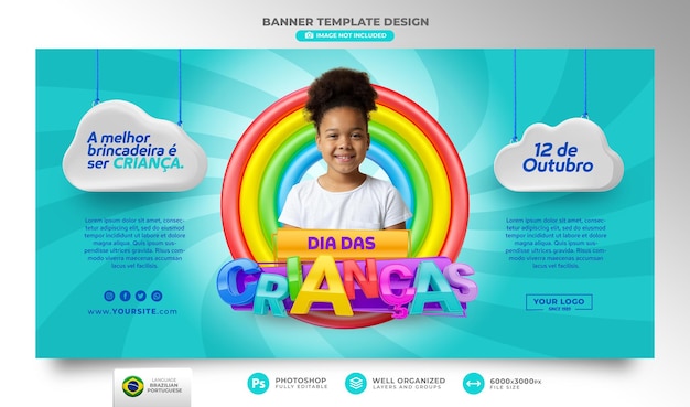 Banner childrens day 3d render in brazil template design in portuguese