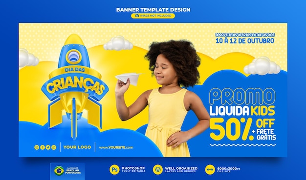 Banner Childrens Day 3d render in Brazil template design in portuguese