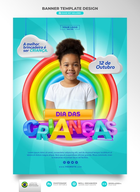 PSD banner childrens day 3d render in brazilië sjabloonontwerp in het portugees