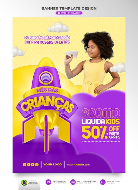 Banner per bambini mese 3d rendering in brasile modello di progettazione in portoghese