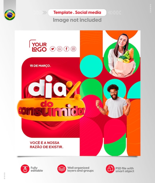 Баннер день потребителя 3d рендеринг на португальском языке для маркетинговой кампании в бразилии предложений PSD