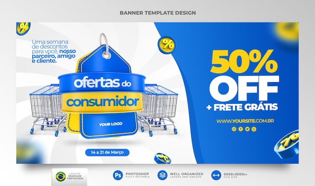 Banner consumer week 3d render in portoghese per la campagna di marketing in brasile di offerte