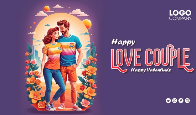 PSD banner couple in love happy valentines day concept young man woman embracing cartoon characters