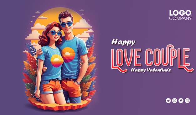 PSD banner couple in love happy valentines day concept young man woman embracing cartoon characters