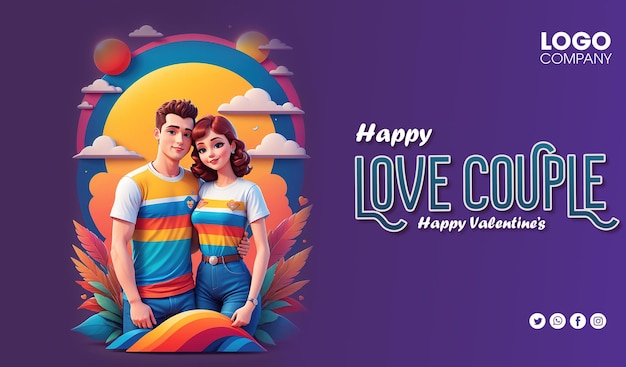 Banner couple in love happy valentines day concept young man woman embracing cartoon characters