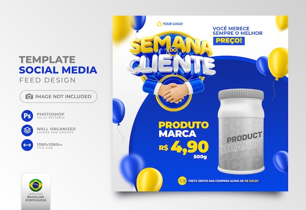 Banner customer week in portuguese 3d render for marketing campaign in brazil