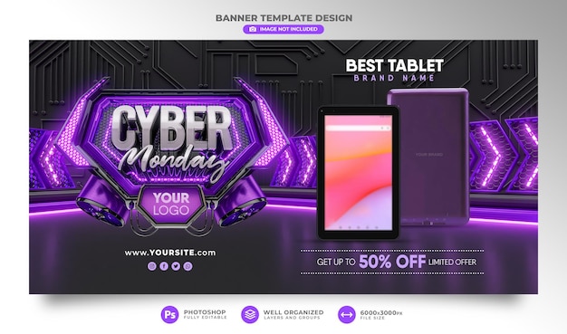 Banner cyber monday 3d realistic render for promotion campaigns and offers special sale