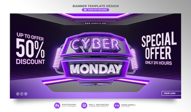 PSD banner cyber monday 3d-realistische weergave voor promotiecampagnes en speciale aanbiedingen