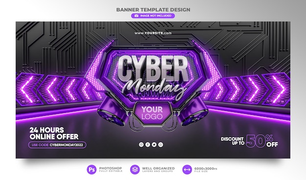 PSD banner cyber monday 3d-realistische weergave voor promotiecampagnes en speciale aanbiedingen