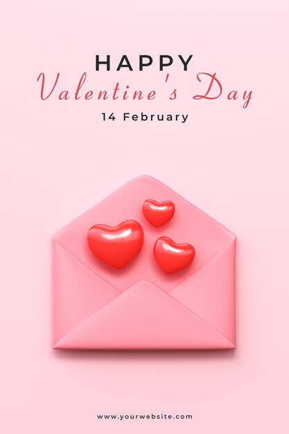 PSD banner design for valentine's day 3d envelope with a heart premium psd