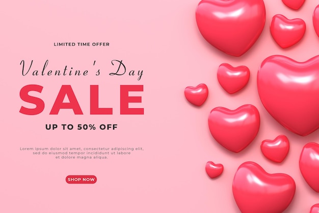 PSD banner design valentine's day sale poster with pink hearts premium psd