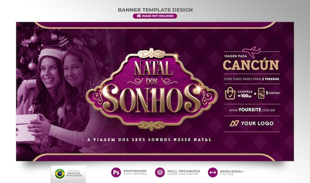 Banner dream christmas in portugese 3d render voor marketingcampagne in brazilië sjabloonontwerp