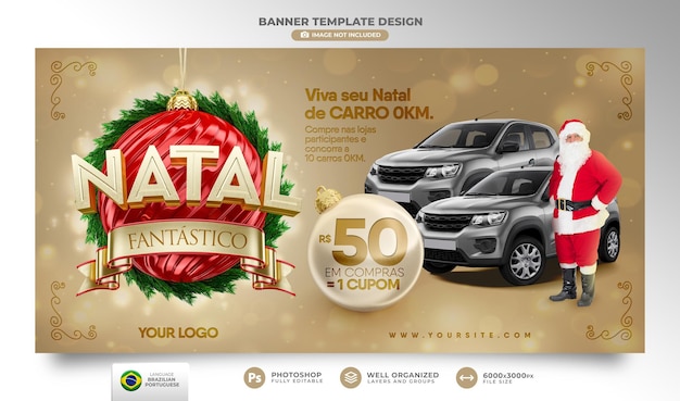 Banner fantastico natale in portoghese rendering 3d per campagna di marketing in design modello brasile