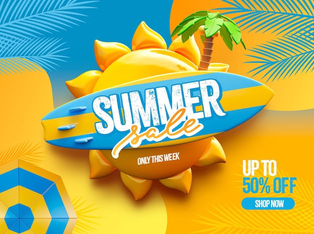 Banner for sommersalg, 3D-rendering, tegneseriemaldesign opptil 50 % rabatt