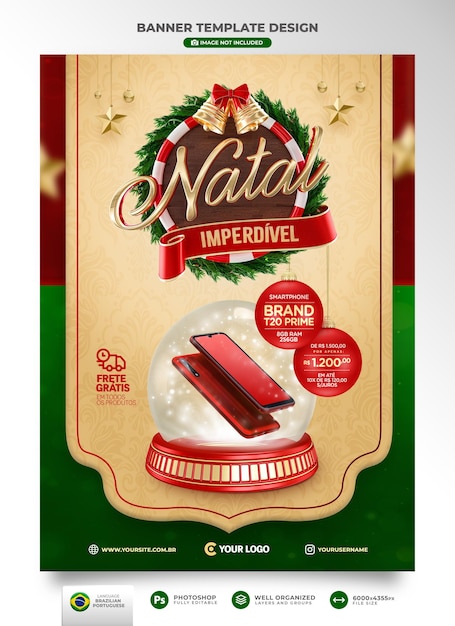 Banner funmissable natale in portoghese 3d render per campagna di marketing in brasile template desig