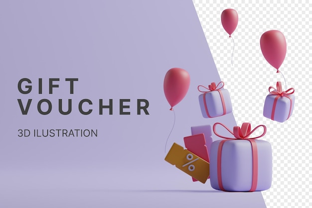 Banner Gift Voucher with 3d illustration balloons group and box isolated on purple background