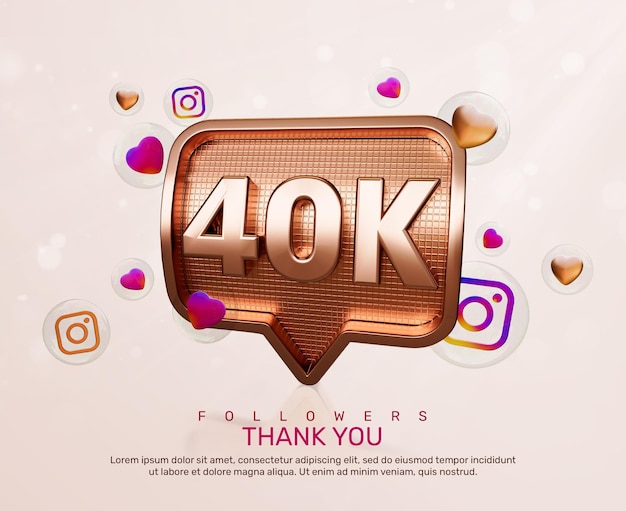 PSD banner gold 3d 40k followers thank you with instagram icons