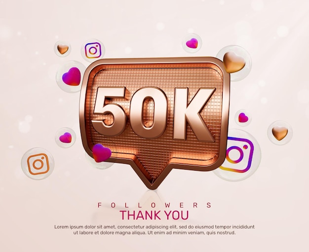 PSD banner gold 3d 50k followers thank you with instagram icons