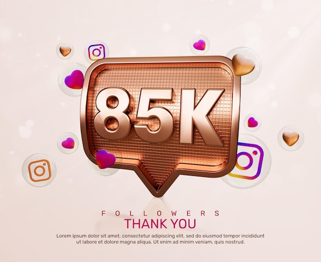 PSD banner gold 3d 85k followers thank you with instagram icons