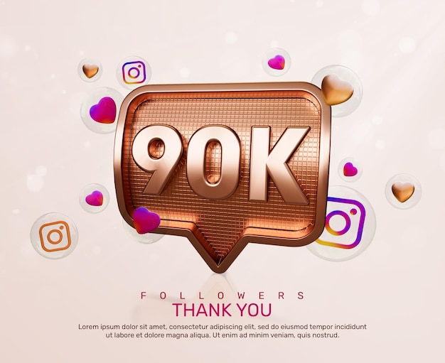 PSD banner oro 3d 90k follower grazie con le icone di instagram