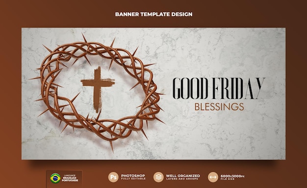 PSD banner good friday happy easter for christianity 3d render