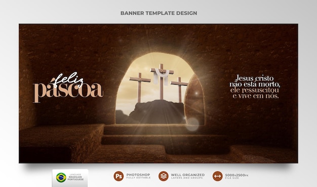 PSD banner buona pasqua per il cristianesimo nel rendering 3d portoghese