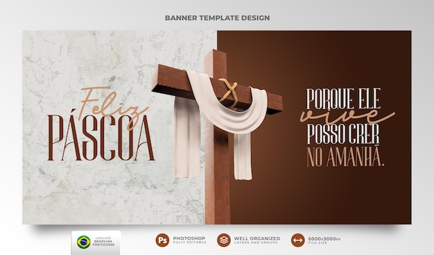 PSD banner happy easter for christianity in portuguese 3d render