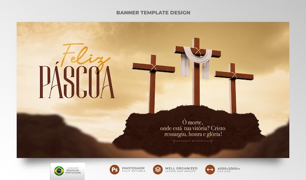 PSD banner happy easter for christianity in portuguese 3d render