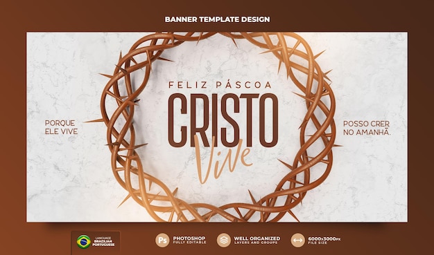 PSD banner buona pasqua per il cristianesimo nel rendering 3d portoghese