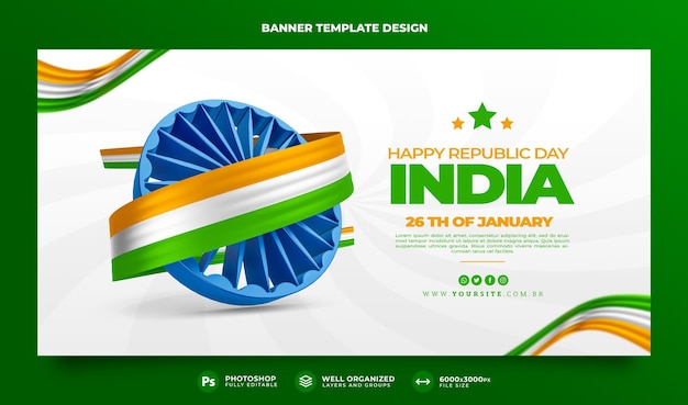 Banner happy republic day india template design 3d render