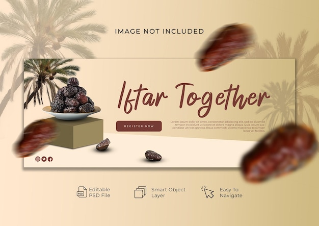 PSD a banner for iftar ramadan with a picture of a bowl of dates