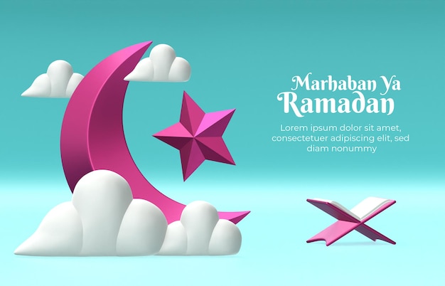 Banner islamitische ramadan-groeten met 3D-compositie maan ster wolken koran