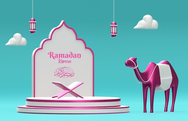 Banner islamitische ramadan-groeten met 3D-compositie podium koran kameel