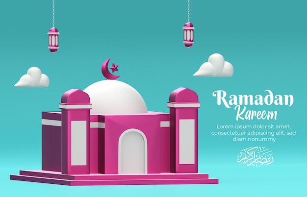 Banner Islamskie Pozdrowienia Ramadan Kareem Z Chmurą Latarni Meczetu W Kompozycji 3d