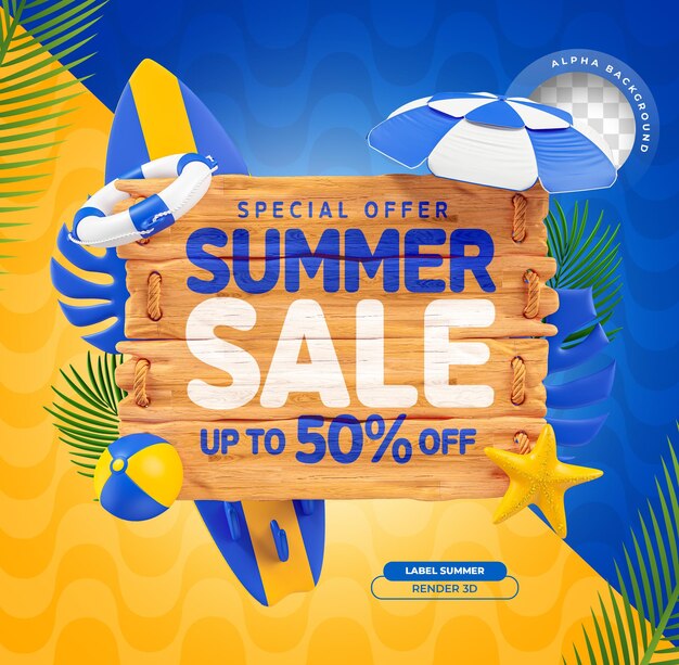 PSD banner label summer sale special offer with realistic wooden background and umbrella and surfboard