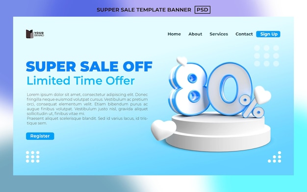 Banner landing page sconto numero 80% colore blu, rendering 3d per affari, prodotto in vendita