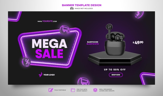 PSD banner mega sale nel design del modello di rendering 3d