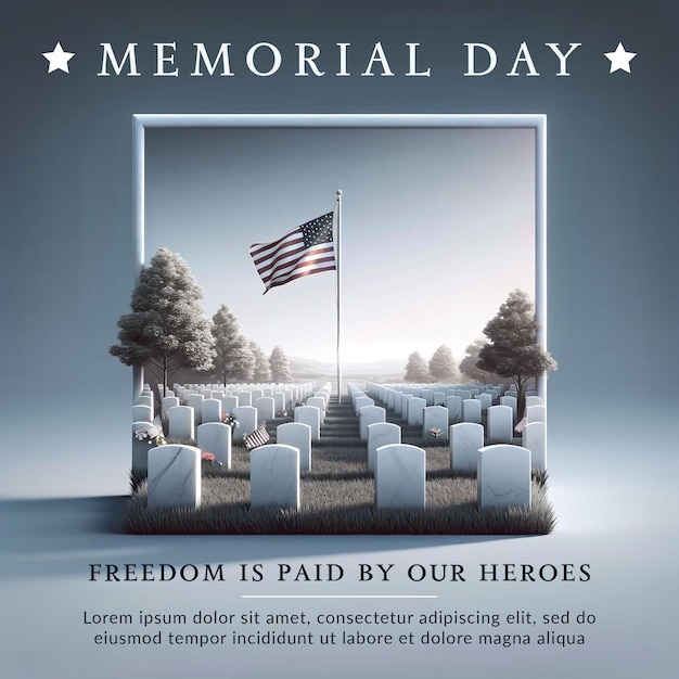 PSD a banner for memorial day by a cemetery with a flag