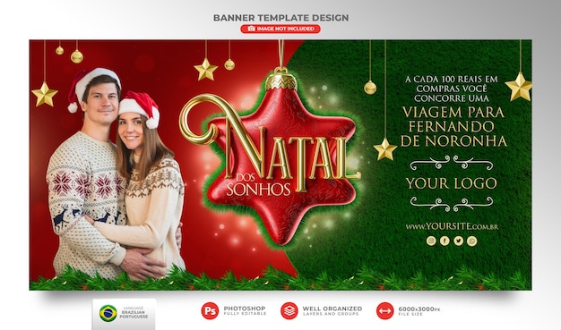 브라질 템플릿 디자인의 마케팅 캠페인을 위한 포르투갈어 3d 렌더링의 배너 메리 크리스마스