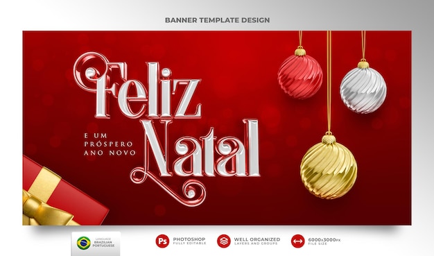 PSD banner merry christmas in portuguese 3d render for marketing campaign in brazil template design