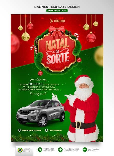 Banner merry christmas in portuguese 3d render for marketing campaign in brazil template design